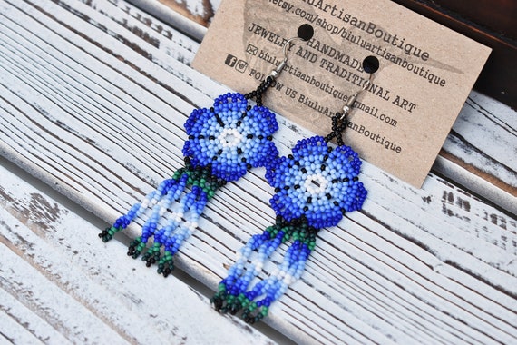 Blue Boho Beaded Earrings, Dainty Blue Flower Earrings, Native American Beaded Earrings, Beaded Huichol Earrings | Biulu Artisan Boutique