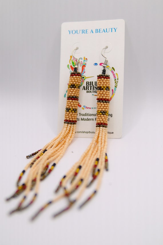 Long Boho Tube Earrings, Native American Beaded Earrings, Boho, Seed Bead, Tribal Fashion, Huichol, Handmade | Biulu Artisan Boutique