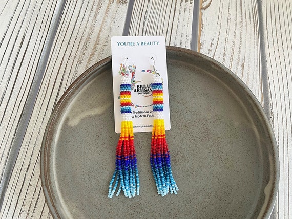 Native Style Beaded Earrings, Long Beaded Tube Earrings, Boho, Seed Bead, Tribal Fashion, Huichol, Handmade | Biulu Artisan Boutique