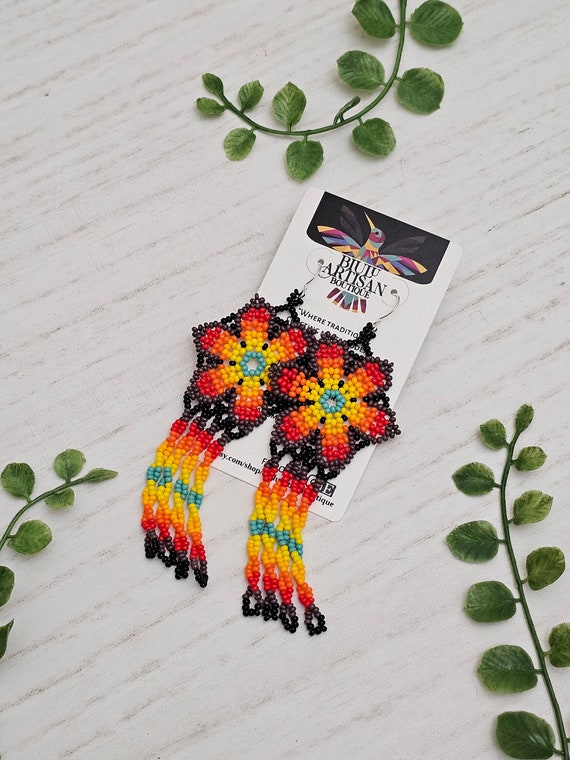 Beaded Boho Earrings, Huichol Earrings, Boho Purple Red Flower Earrings, Indigenous Made, Traditional Beadwork, Cute| Biulu Artisan Boutique