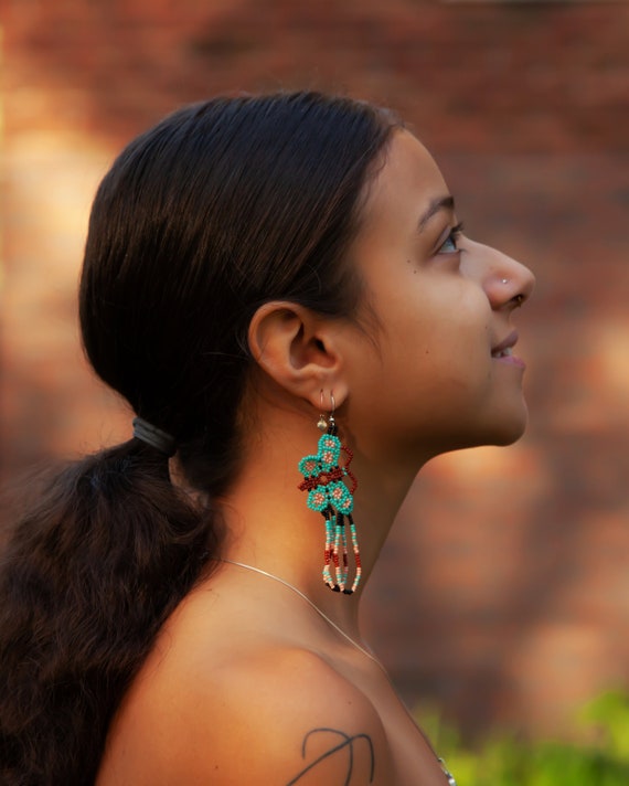 Turquoise Pink Butterfly Earrings, Huichol Earrings, Huichol Jewelry, Mexican Earrings, Native Beaded Butterfly Earrings, Seed Bead Earrings