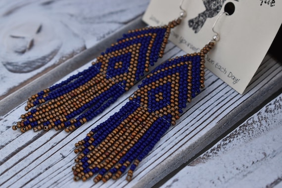 Royal Blue and Brass Earrings, Native American Beaded Earrings, Royal Blue Boho Earrings, Brass Boho Earrings, Boho Chic Earrings