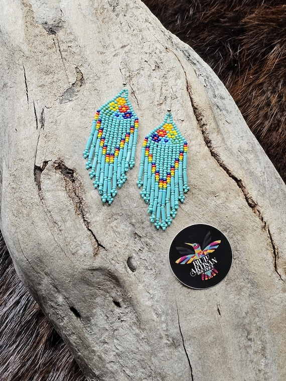 Flower Earrings, Huichol, Native American Beaded Earrings, Boho, Seed Beads, Small, Dainty, Green Turquoise Earrings| Biulu Artisan Boutique