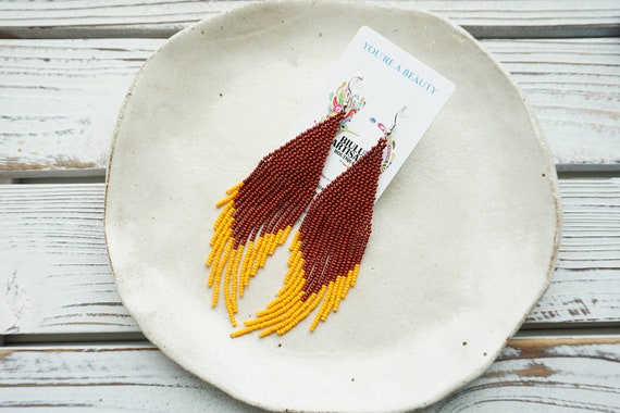 Boho Statement Earrings, Beaded Boho Earrings, Native American Beaded Earrings, Brown, Light Orange, Handmade | Biulu Artisan Boutique