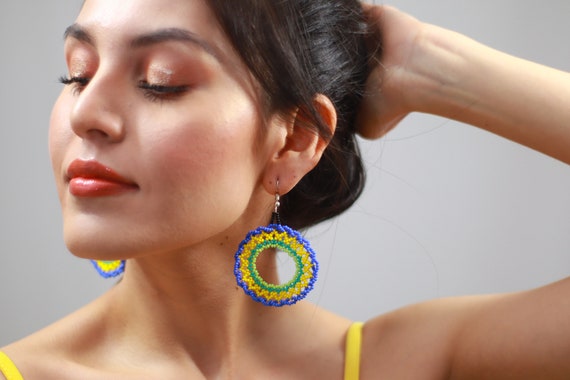 Boho Hoop Earrings, Native American Beaded Earrings, Beaded Hoop Earrings, Round Sun Earrings, Handmade, Indigenous Beaded Earrings, Jewelry