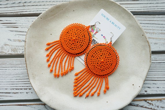 Beaded Boho Earrings, Orange, Long Dangle, Native American Beaded Earrings, Statement Earrings, Faux Leather, Handmade, Beautiful Rustic