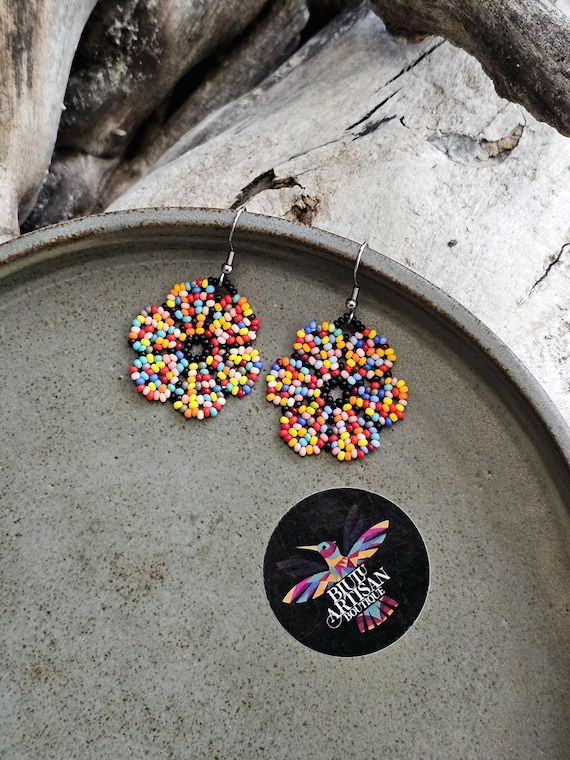 Beaded Boho Earrings, Native Beaded Earrings, Colorful, Huichol Style Flower Earrings, Dainty, Indigenous Made | Biulu Artisan Boutique