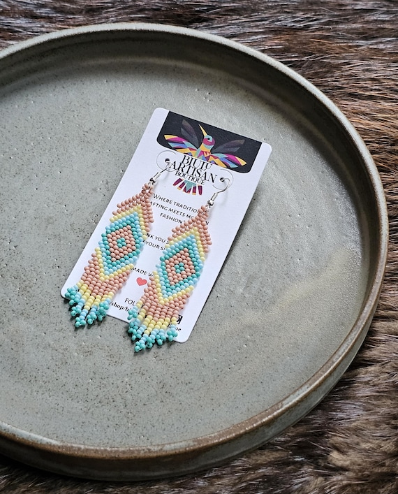 Handmade Boho Earrings, Native American Beaded Earrings, Beaded Boho Earrings, Indigenous Made, Short Skinny Earrings, Etsy Handmade