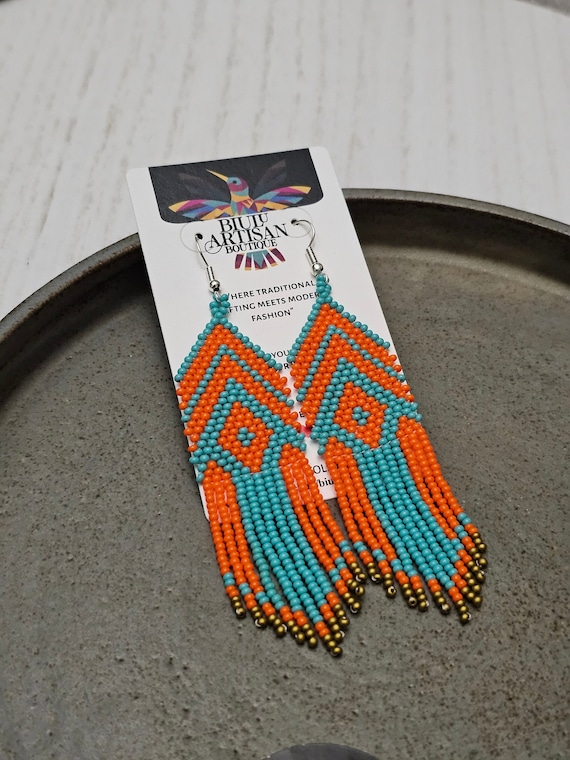 Orange and Turquoise Geometric Earrings, Native American Beaded Earrings, Tapestry Earrings, Eye of God Earrings, Ojo de Dios, Bold Earrings