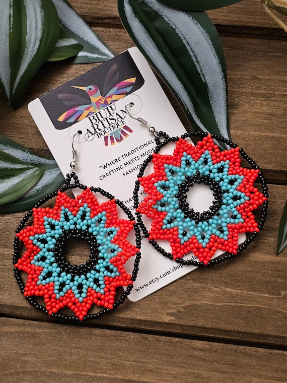 Beaded Stars, Boho Sun Earrings, Starburst Earrings, Native American Jewelry Huichol, Stars, Indigenous Made Beaded Earrings, Mandala