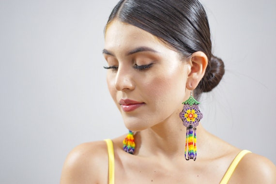 Colorful Huichol Earrings, Beaded Boho Earrings, Indigenous Made, Jewelry, Boho Style, Native American Beaded Earrings, Handmade