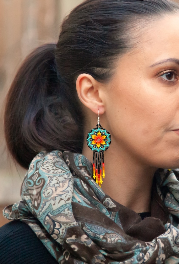 Starburst Earrings, Beaded Stars, Native American Jewelry Huichol, Star Earrings, Cute Circles w/ Tassels | Biulu Artisan Boutique