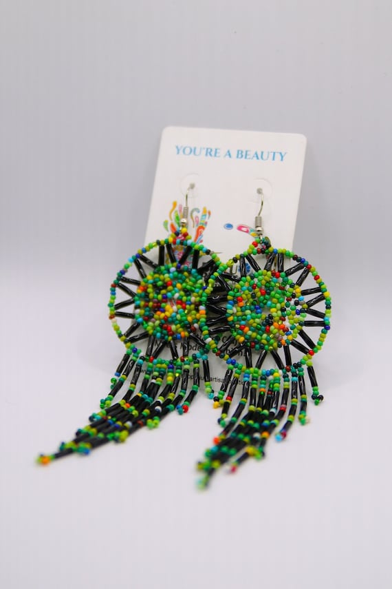 Beaded Dreamcatcher Earrings, Native American Beaded Earrings, Boho Dreamcatcher Earrings, Beaded Boho Earrings, Indigenous Made, Handmade