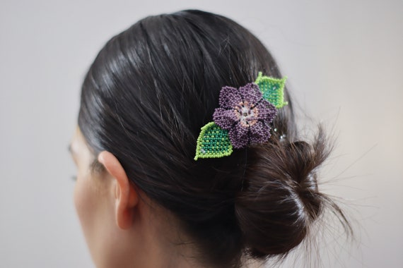 Purple Flower Barrette, Handmade Beaded Hairclip, Boho, Native American Jewelry, Indigenous Made, Boho Hair Accessories, Hair Barrette