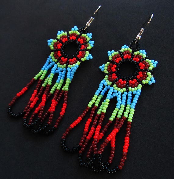 Huichol Earrings, Native American Beaded Earrings, Huichol Jewelry, Huichol Beadwork, Mexican Beaded Earrings, Seed Bead Earrings, Sky Blue