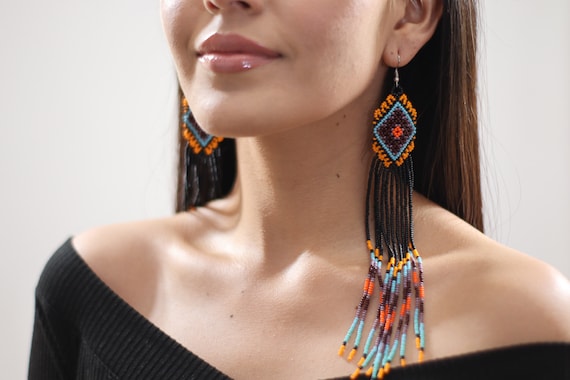 Hippie Tribal Beautiful Rustic Long Dangle Statement Boho Earrings Faux Leather Back Native American Beaded Earrings Handmade
