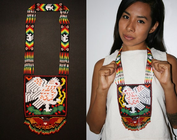 Shaman Style Necklace, Huichol Necklace, Native Beaded Necklace, Festival Necklace, Large Statement Necklace, Huichol Jewelry, Eagle Pendant