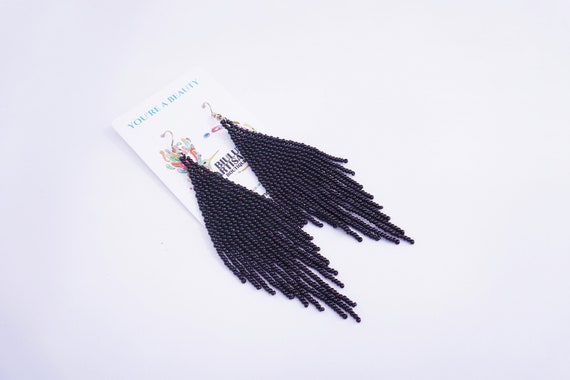 Beaded Boho Earrings, Tribal High Fashion Earrings, Native American Style Beaded Earrings, Black Earrings, Authentic Huichol Beadwork