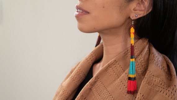 Long Beaded Tube Earrings, Native Style Beaded Earrings, Boho Chic Earrings, Seed Bead, Huichol, Handmade | Biulu Artisan Boutique