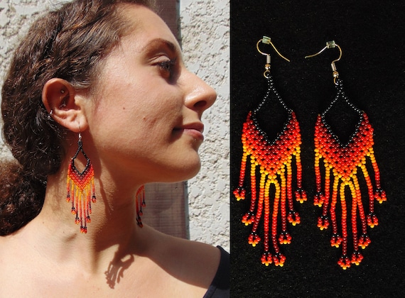 Fiery Dangling Beaded Earrings, Boho Fashion Earrings, Chic Beaded Earrings, Tribal Fashion, Handmade Earrings, Huichol Earrings