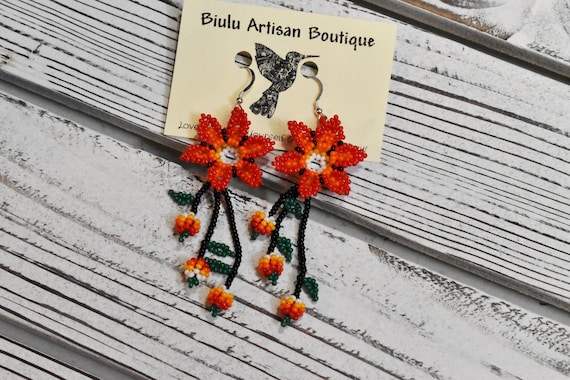 Beaded Huichol Earrings - Red Dangling Earrings - Beaded Flower Earrings - Native American Earrings - Huichol Beadwork - Huichol Jewelry