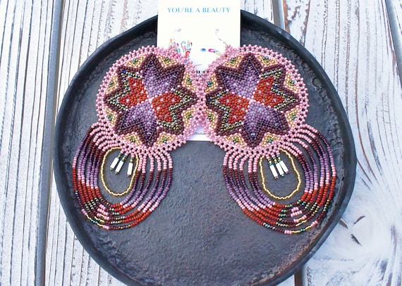 Boho Sun Earrings, Faux Leather Backing, Native American Beaded Earrings, Beaded Boho Earrings, Large Chandelier Earrings, Pink, Handmade