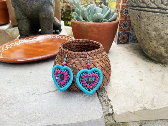 Beaded Heart Earrings, Boho Heart Earrings, Native American Beaded Earrings, Wicker Earrings, Turquiose | Biulu Artisan Boutique