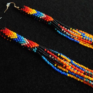 Native Style Beaded Earrings, Long Beaded Tube Earrings, Boho, Seed Bead, Tribal Fashion, Huichol, Handmade | Biulu Artisan Boutique image 4