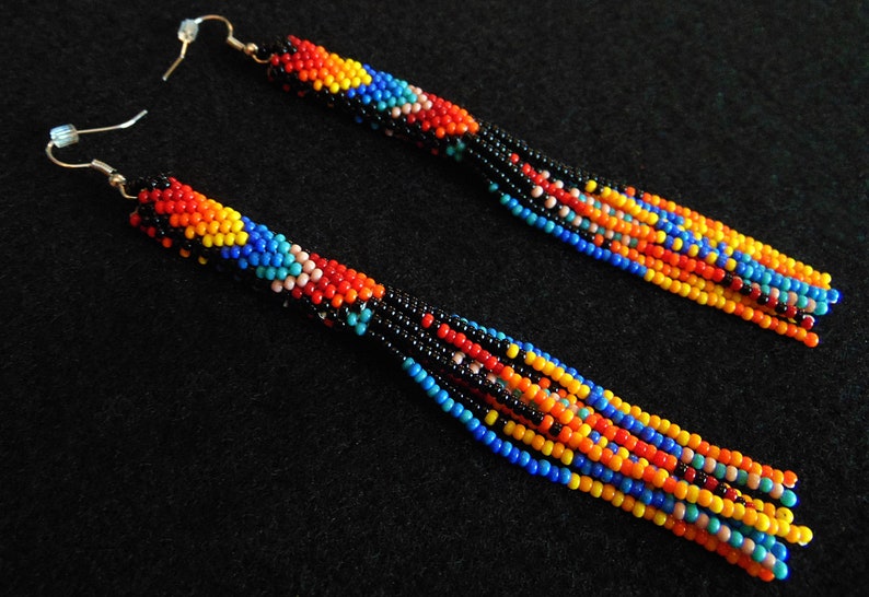 Native Style Beaded Earrings, Long Beaded Tube Earrings, Boho, Seed Bead, Tribal Fashion, Huichol, Handmade | Biulu Artisan Boutique image 4