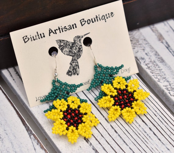 Beaded Sunflower Earrings, Native American Style Beaded Earrings, Yellow Flower Earrings, Dainty Earrings, Handmade | Biulu Artisan Boutique