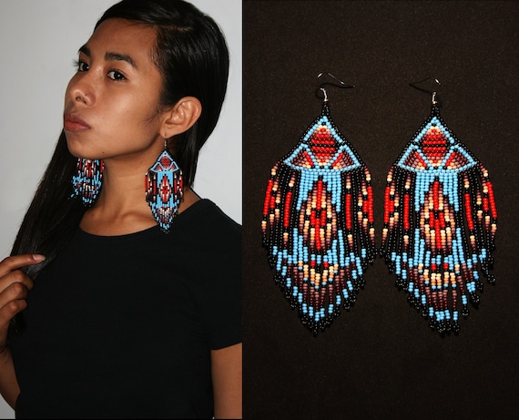 Tribal Aztec Earrings, Geometric Native American Beaded Earrings, Tribal High Fashion Earrings, Exotic Earrings, Seed Bead Earrings