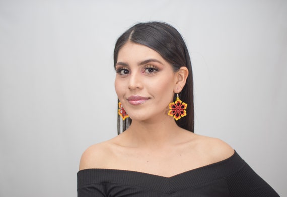 Beaded Star Earrings, Good Luck Huichol Earrings, Native American Beaded Earrings, Yellow, Red, Bright Round Earrings, Indigenous Made