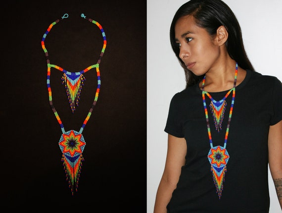 Southwestern Starburst Necklace, Native American Beaded Necklace, Seed Bead Necklace, American Indian Beadwork, Medallion Necklace, Tribal