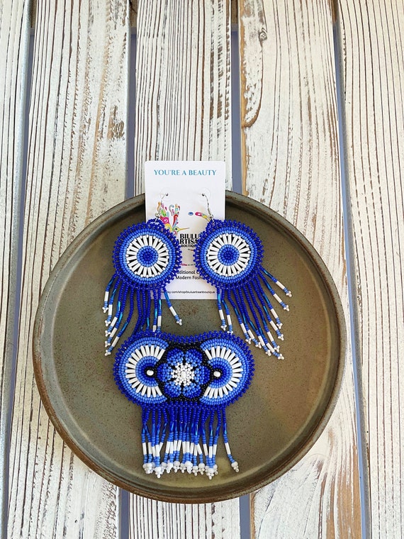 Beaded Boho Earrings Hair Clip, Indigenous Made Jewelry, Boho Jewelry, Native American Beaded Earrings, Set, Blue White, Statement Jewelry