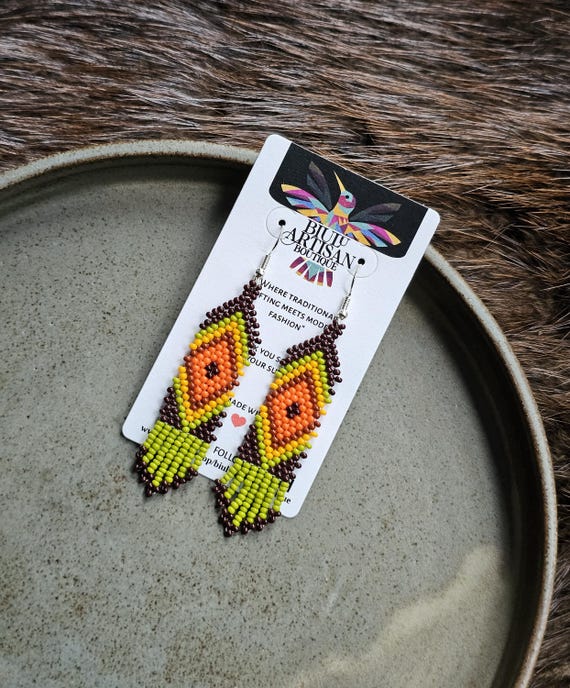 Handmade Boho Earrings, Native American Beaded Earrings, Beaded Boho Earrings, Indigenous Made, Short Skinny Earrings, Etsy Handmade