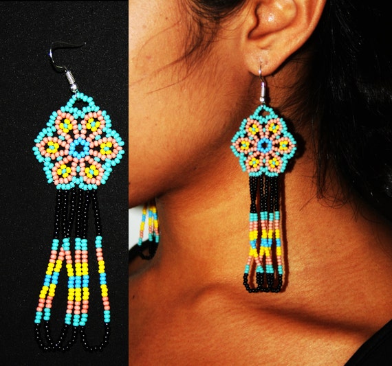 Beaded Huichol Earrings, Huichol Jewelry, Native American Beaded Earrings, Beaded Hippie Chic Earrings, Turquoise and Pink Pastel Earrings