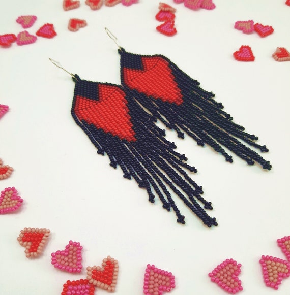 Valentines Day Earrings, Boho Heart Earrings, Native American Beaded Earrings, Beaded Boho Earrings, Red Heart Earrings, Statement Earrings