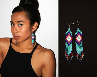 Turquoise Brick Stitch Earrings w/ Ojo de Dios, Huichol Earrings, Native American Earrings, Tribal Earrings, Traditional Beadwork, Authentic