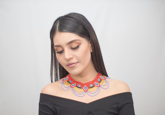 Tribal Boho Necklace, Native Style Beaded Necklace, Red, Large, Beaded Boho Necklace, Tribal Necklace, Indigenous Made Jewelry, Seed Bead
