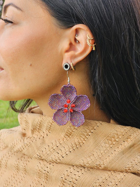 Big Purple Flower, Beaded Flower Earrings,Bold Earrings, Handmade Beaded Earrings, Boho Earrings, Unique Earrings, Big Earrings, Wedding