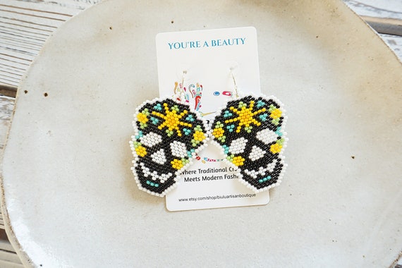 Mexican Skull Earrings, Boho Beaded Earrings, Dia de Los Muertos, Mexican Sugar Skull, Seed Bead, Handmade | Biulu Artisan Boutique