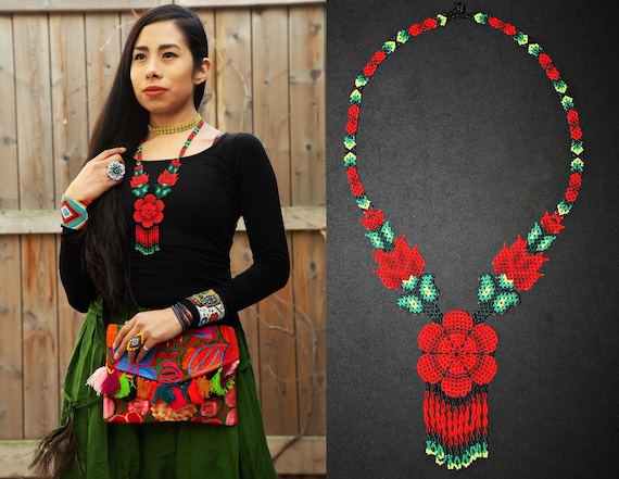 Traditional Huichol Beadwork Necklace, Red Flower Necklace, Seed Bead Necklace, Native American Style Beaded Necklace, Statement Necklace