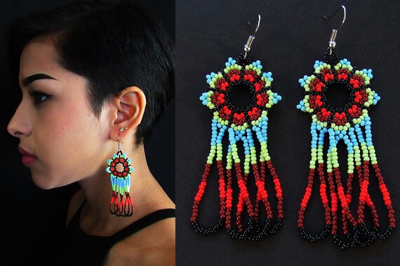 Huichol Earrings, Native American Beaded Earrings, Huichol Jewelry, Huichol Beadwork, Mexican Beaded Earrings, Seed Bead Earrings, Sky Blue