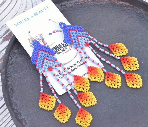 Colorful Boho Earrings, Modern, Abstract, Native American Beaded Earrings, Unique, Statement Earrings, Huichol Earrings, Seed Bead, Handmade