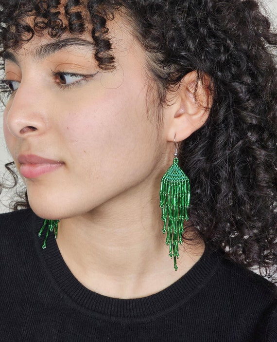 Sparkling Green Beaded Earrings, Native American Beaded Earrings, Green Boho Earrings, Handmade Beaded Earrings, Real Huichol Beading