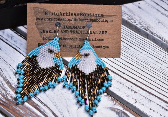 Boho Eagle Earrings, Native American Beaded Earrings, Bald Eagle, Blue Chic Earrings, Seed Bead Earrings, Beaded Boho Chic Earrings, 3" Drop