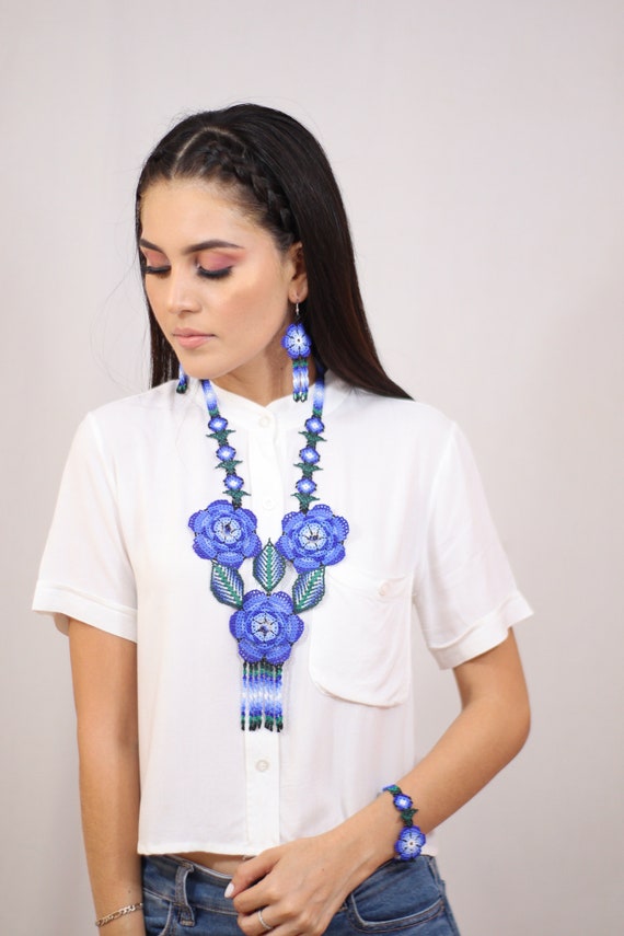 Blue Flower Necklace, Modern Ethnic Jewelry, Native American Beaded Necklace, Earrings, Boho Statement Necklace, Jewelry Set, Handmade
