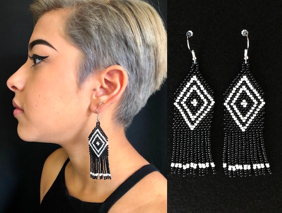 Beaded Boho Earrings, Black and White Minimalist Earrings, Hipster Earrings, Tribal High Fashion Earrings, Native American Style Earrings