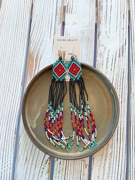 Boho Long Earrings, Boho Chandelier Earrings, Native American Beaded Earrings, Chic, Colorful, Boho Handmade Earrings, Indigenous Made