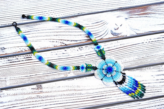 Blue Boho Flower Necklace, Contemporary, Native American Beaded Necklace, Dainty, Boho Chic Necklace, Beaded Boho Necklace, Huichol Necklace